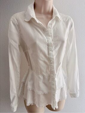 Cloth & Stone Anthropologie White Tiered Frayed Peplum Blouse Tunic XS Tencel